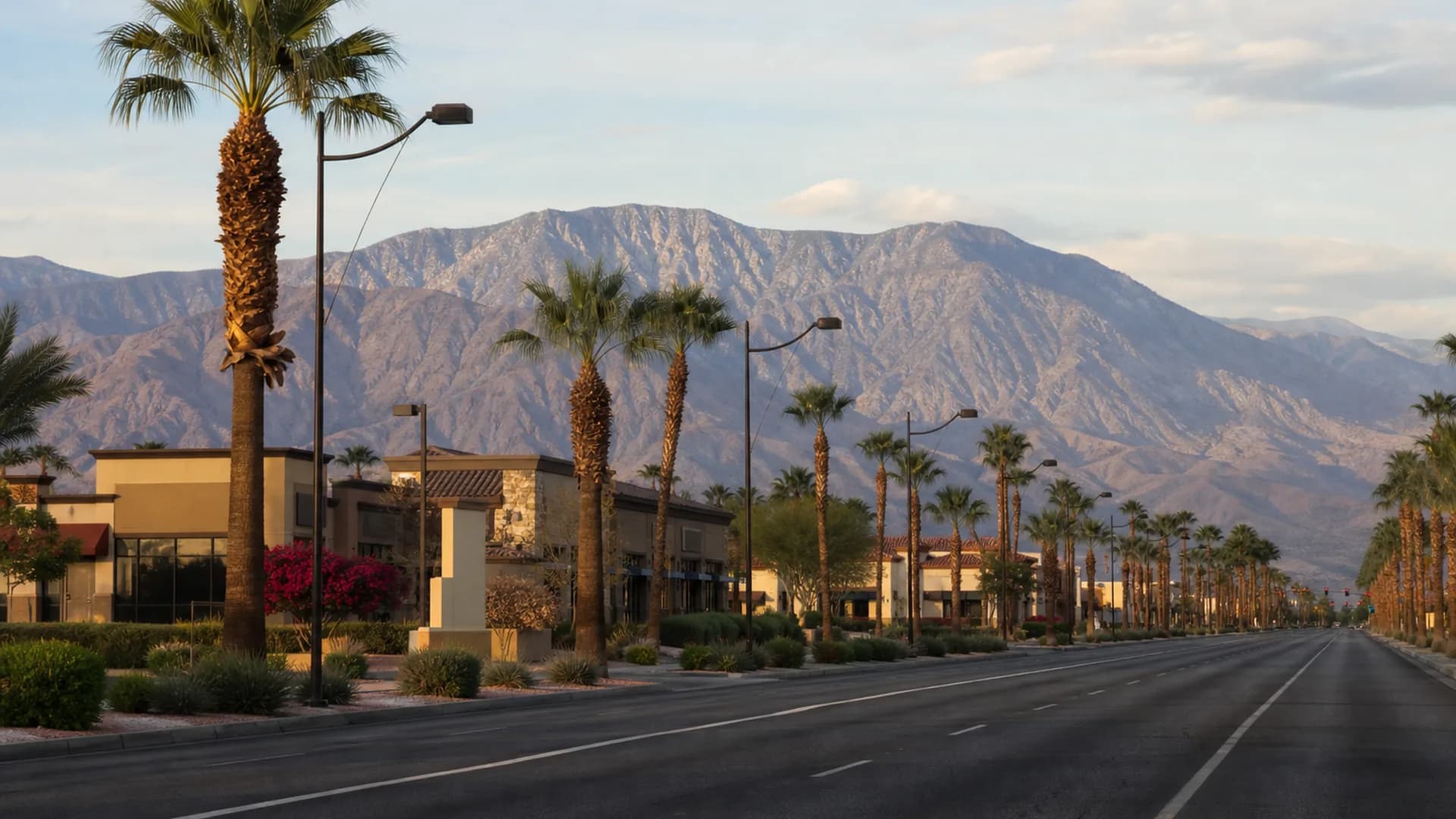 Date Palm Drive in Cathedral City with Santa Rosa mountains behind the commercial strip