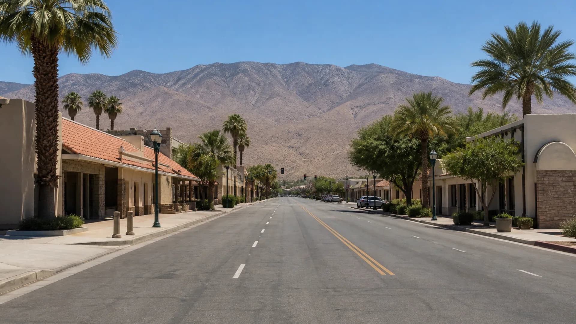 Harrison Street through Coachella city, date groves and mountains, not Empire Polo