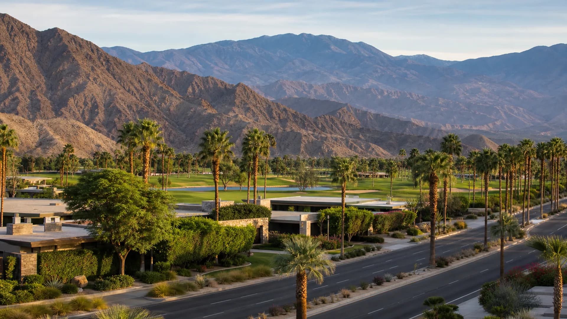 Country-club fairways and desert-modern roofs along a Rancho Mirage boulevard