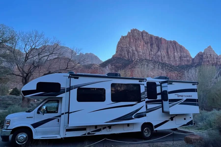 2022 Jayco Greyhawk 29MV Class C RV rental in Palm Springs California — exterior