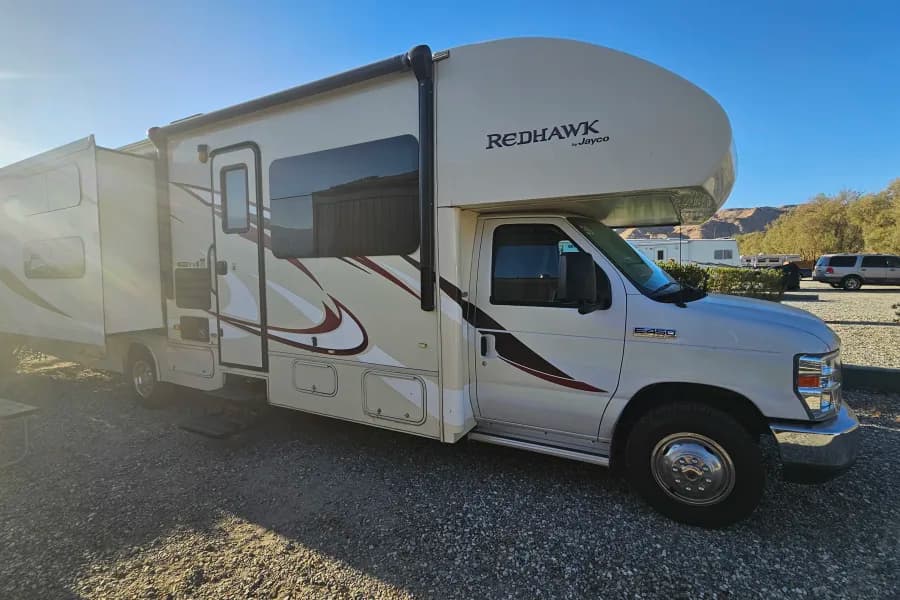 Eric and Danielle's Fun bus Class C RV rental in Palm Springs California — exterior