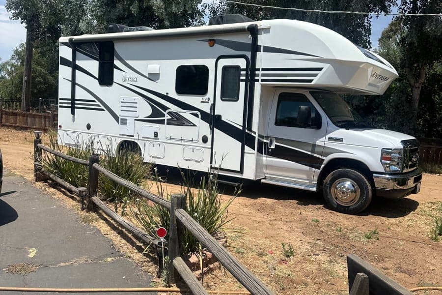 Pinky Family RV Class C RV rental in Palm Springs California — exterior