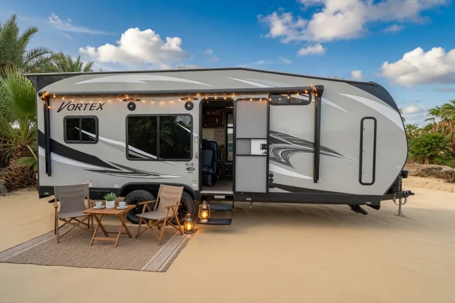 2113-V fully stocked sleeps 3-6 keeps cool large holding tanks Fifth-Wheel RV rental in Palm Springs California, exterior